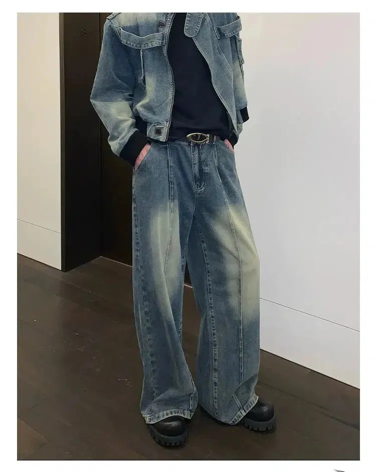 Distressed Stand Collar Denim Jacket Pants Set