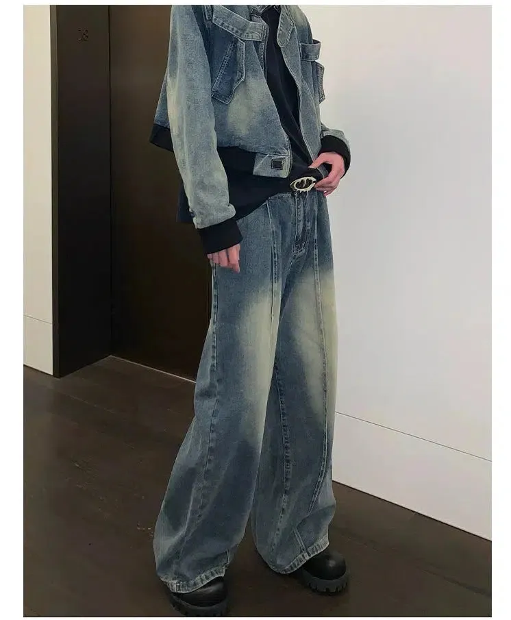 Distressed Stand Collar Denim Jacket Pants Set