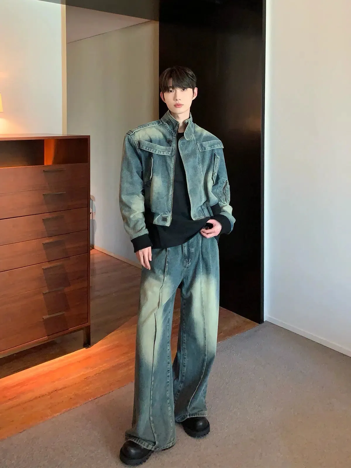 Distressed Stand Collar Denim Jacket Pants Set