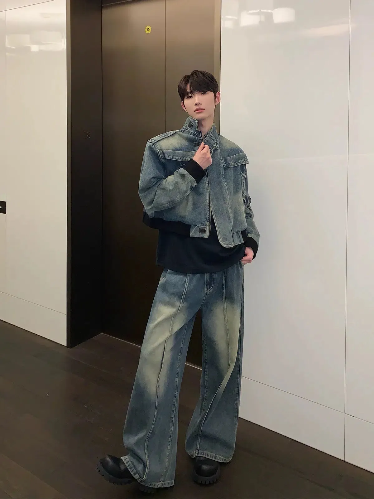 Distressed Stand Collar Denim Jacket Pants Set