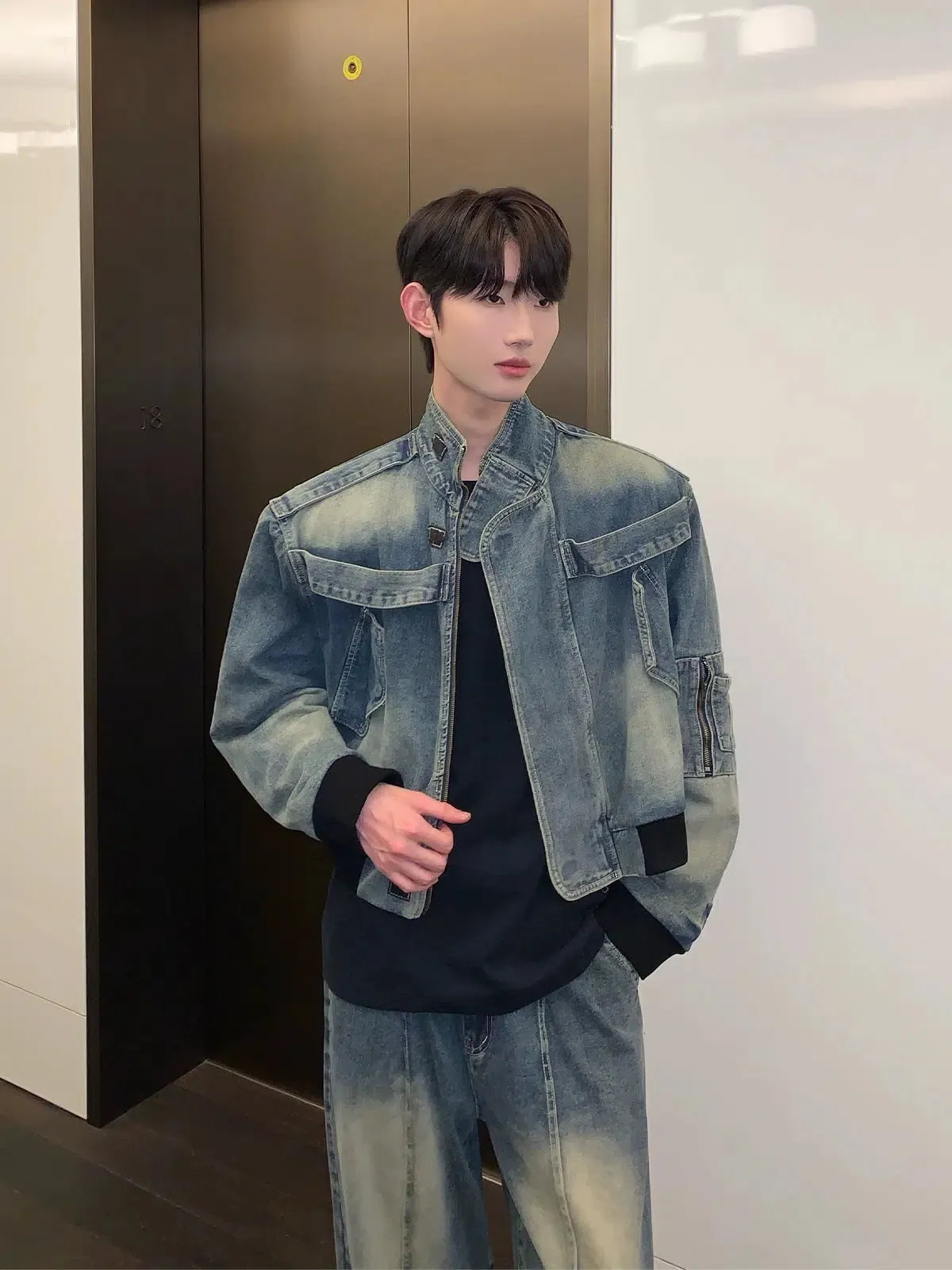 Distressed Stand Collar Denim Jacket Pants Set