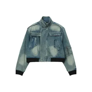 Distressed Stand Collar Denim Jacket Pants Set