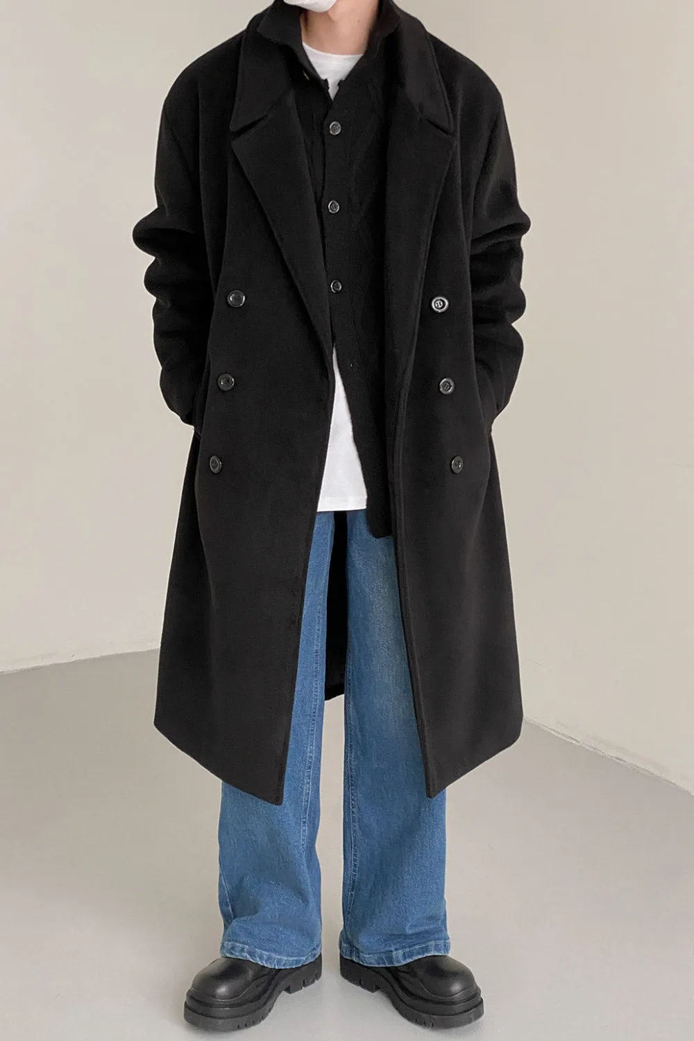 Double-breasted over-the-knee thickened woolen coat