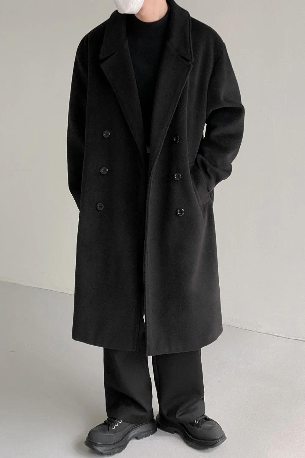 Double-breasted over-the-knee thickened woolen coat