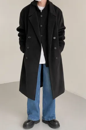 Double-breasted over-the-knee thickened woolen coat