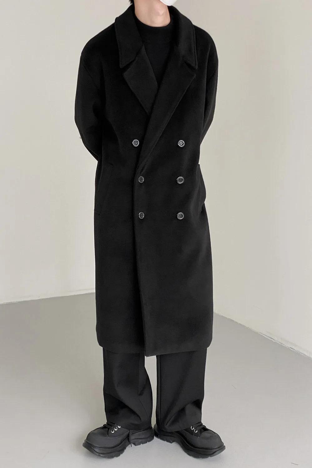Double-breasted over-the-knee thickened woolen coat