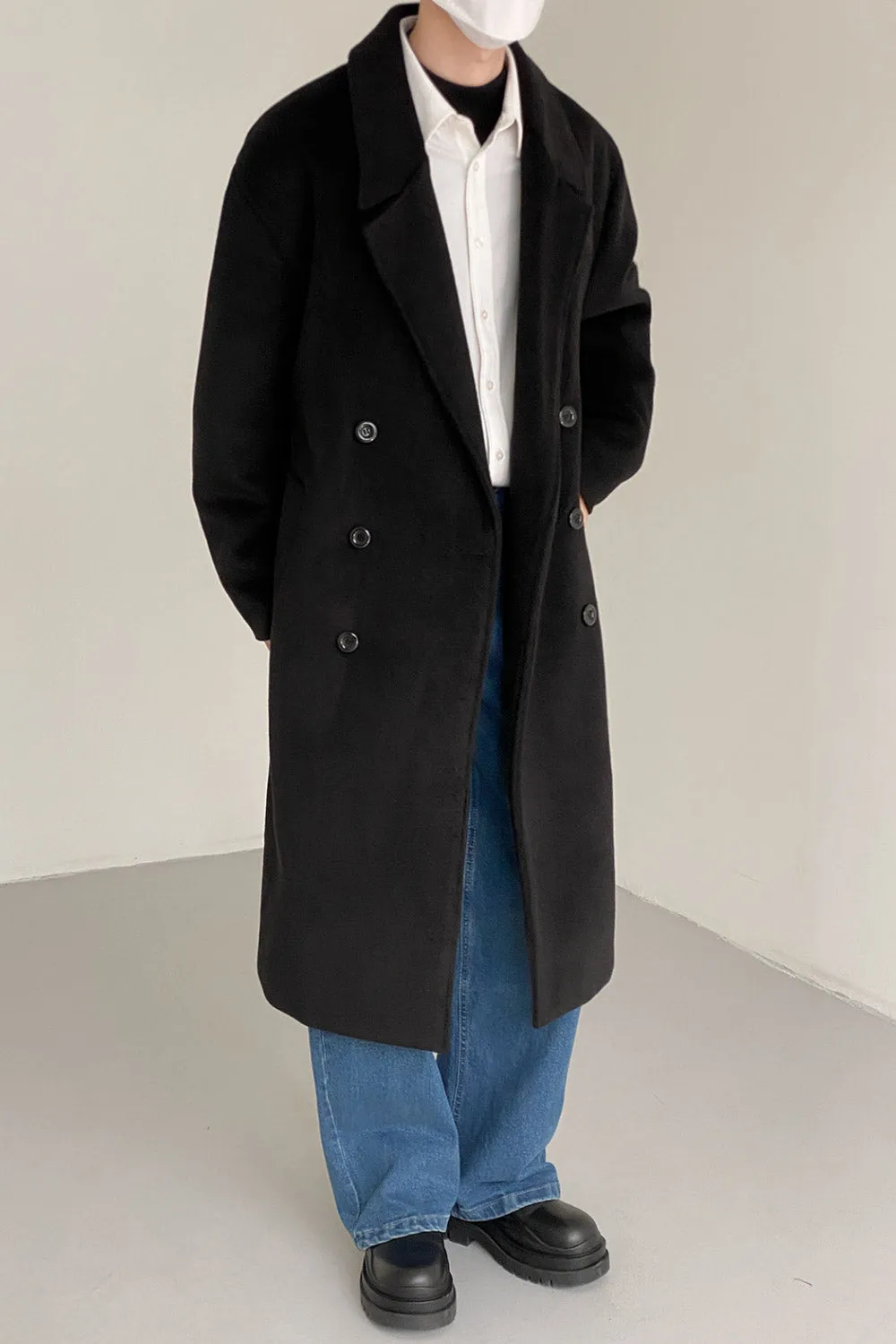 Double-breasted over-the-knee thickened woolen coat