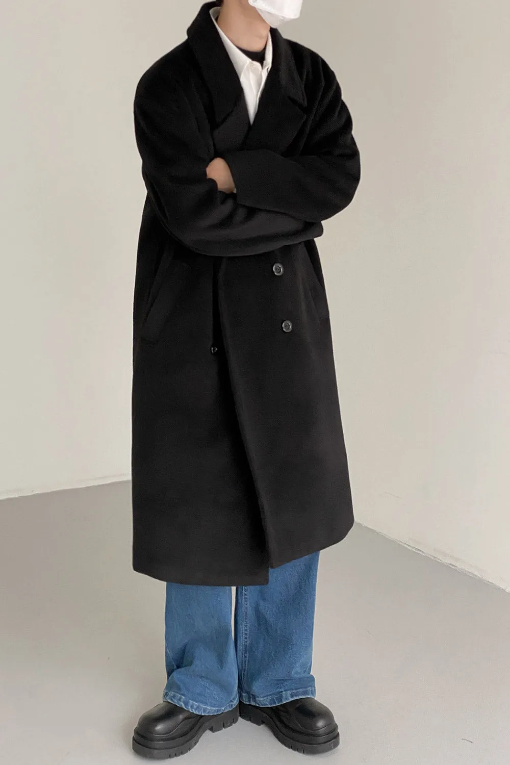 Double-breasted over-the-knee thickened woolen coat