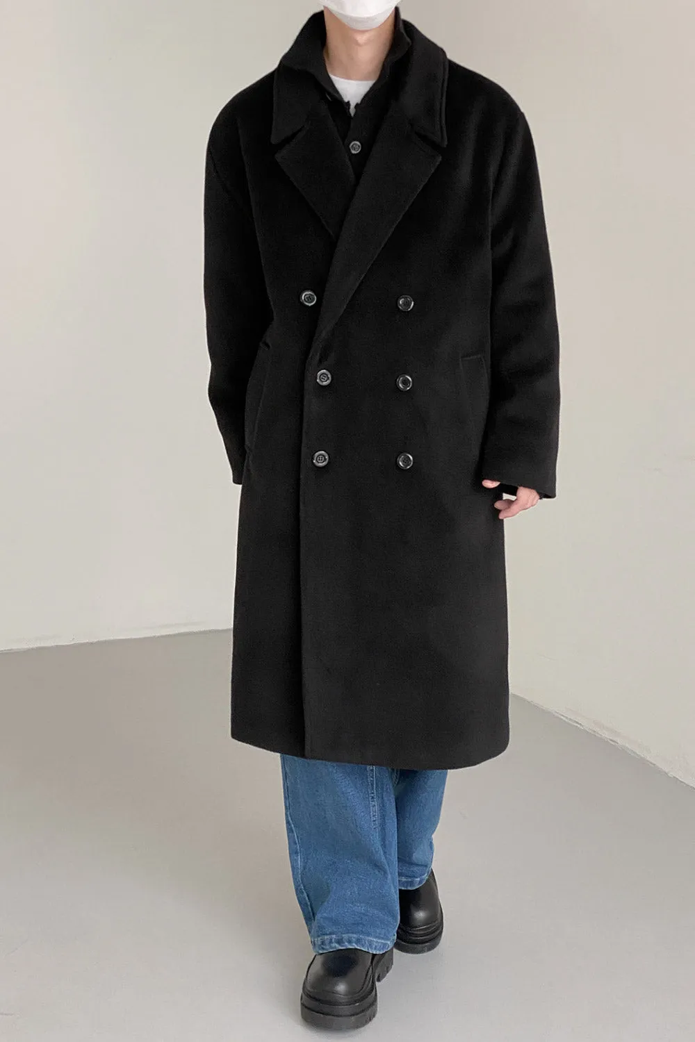 Double-breasted over-the-knee thickened woolen coat