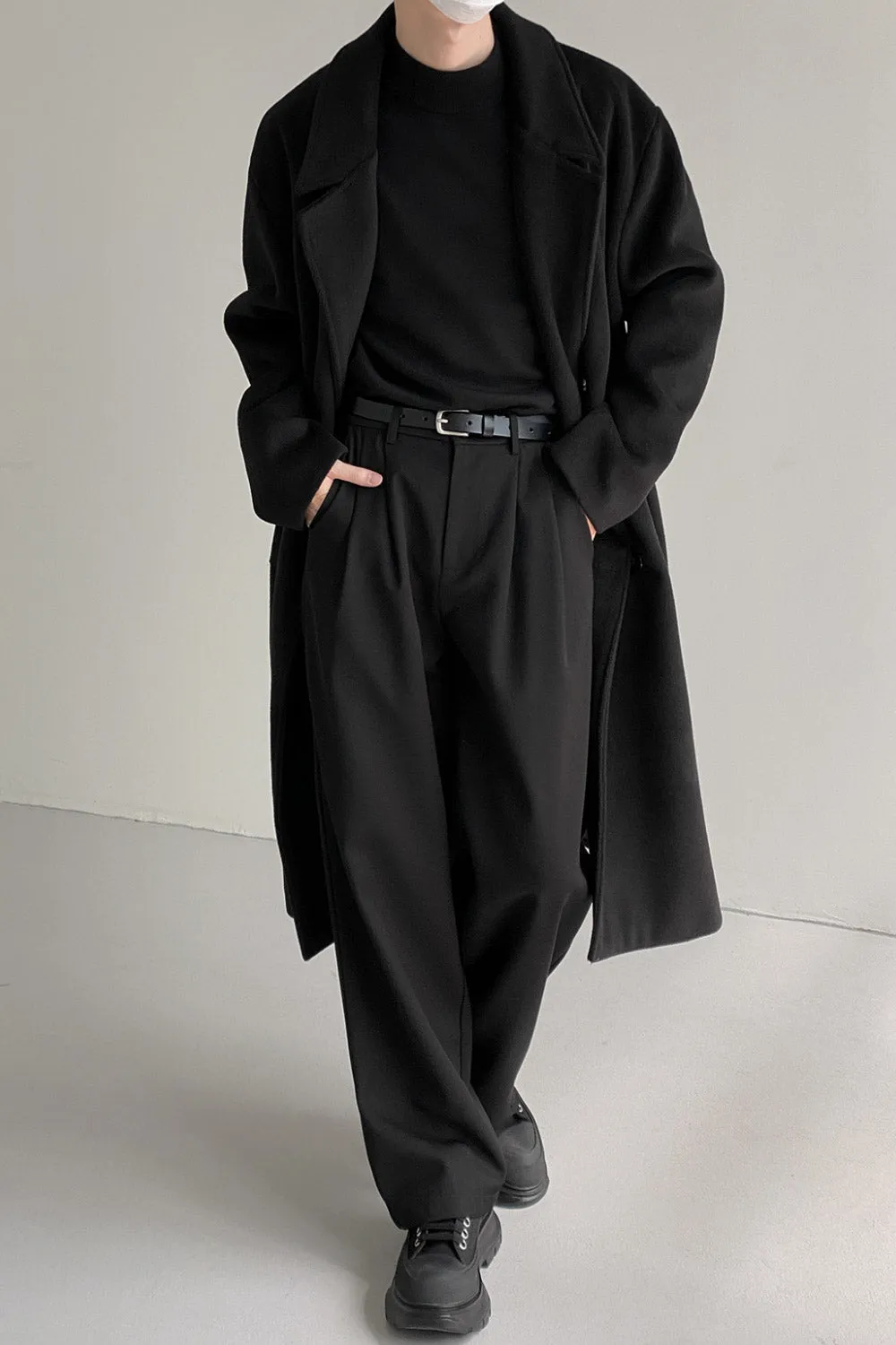 Double-breasted over-the-knee thickened woolen coat