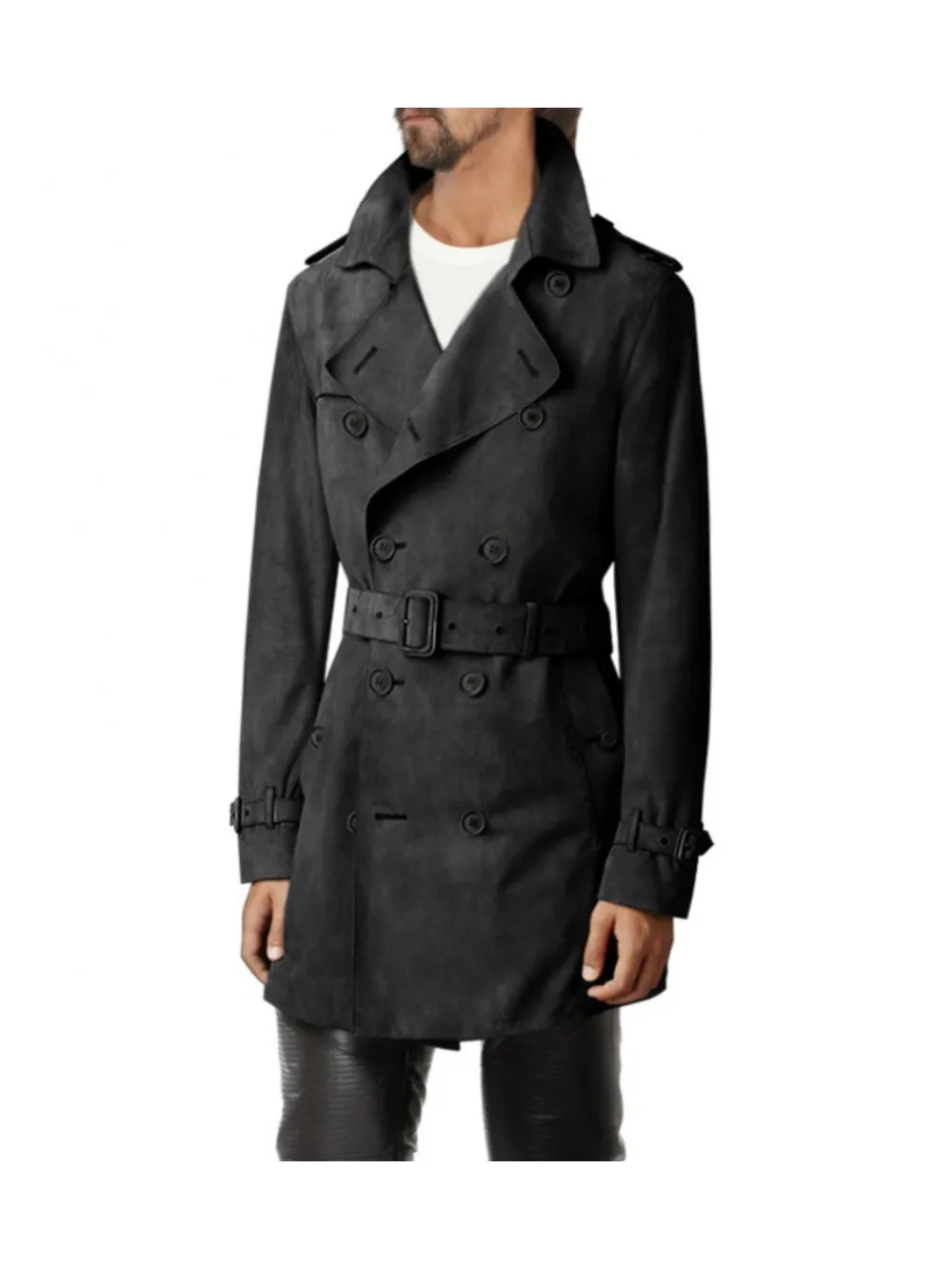 Double Breasted Suede Leather Trench Coat for Men