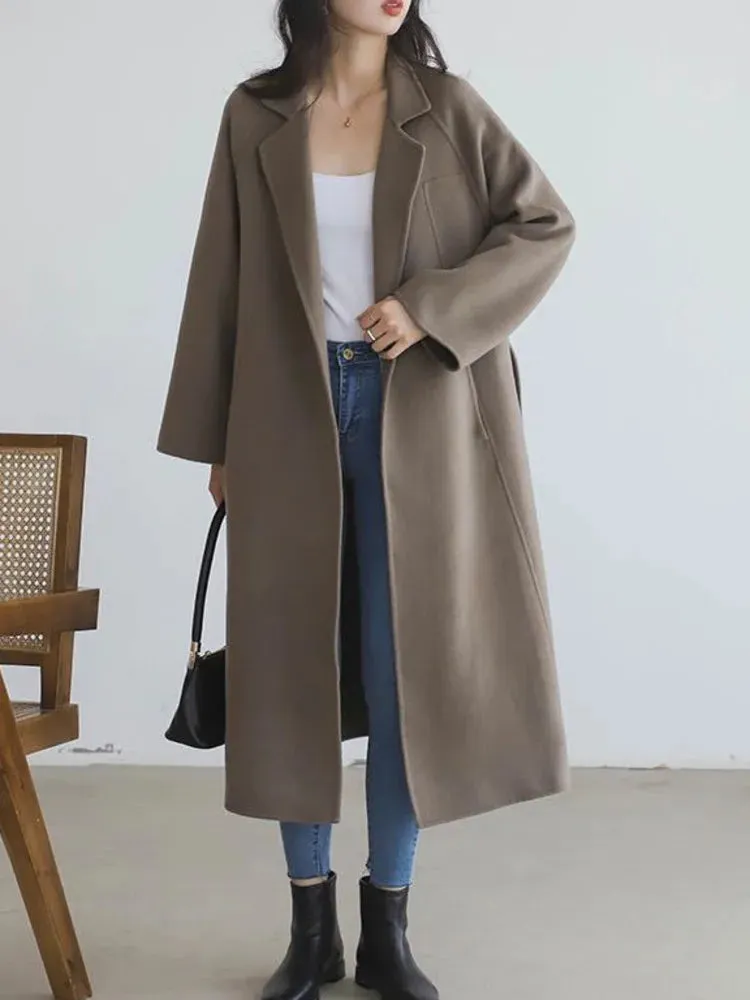 Double-Sided Cashmere Coat for Women – Knee-Length Loose Woolen Coat