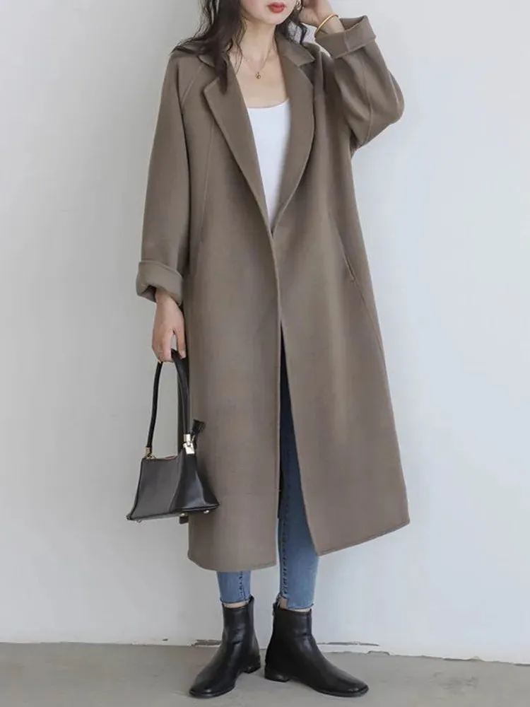 Double-Sided Cashmere Coat for Women – Knee-Length Loose Woolen Coat
