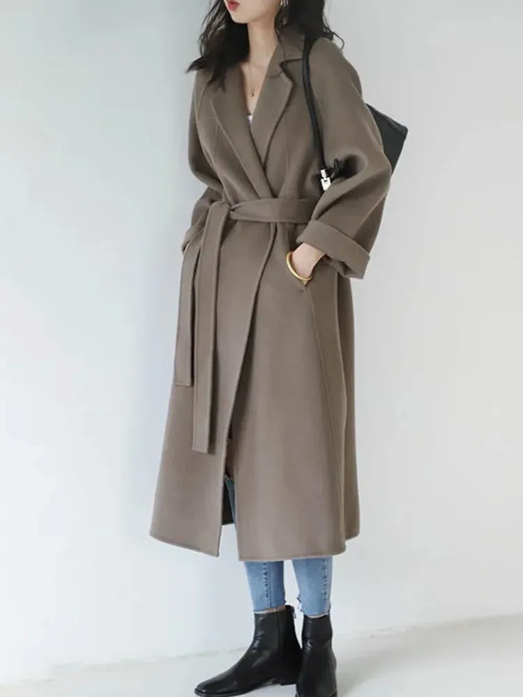 Double-Sided Cashmere Coat for Women – Knee-Length Loose Woolen Coat