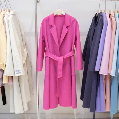 Double-Sided Cashmere Coat for Women – Long Wool Jacket with Water Ripple Design