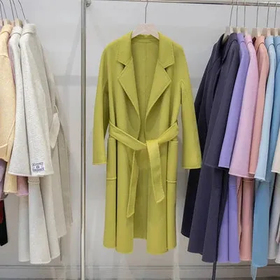 Double-Sided Cashmere Coat for Women – Long Wool Jacket with Water Ripple Design