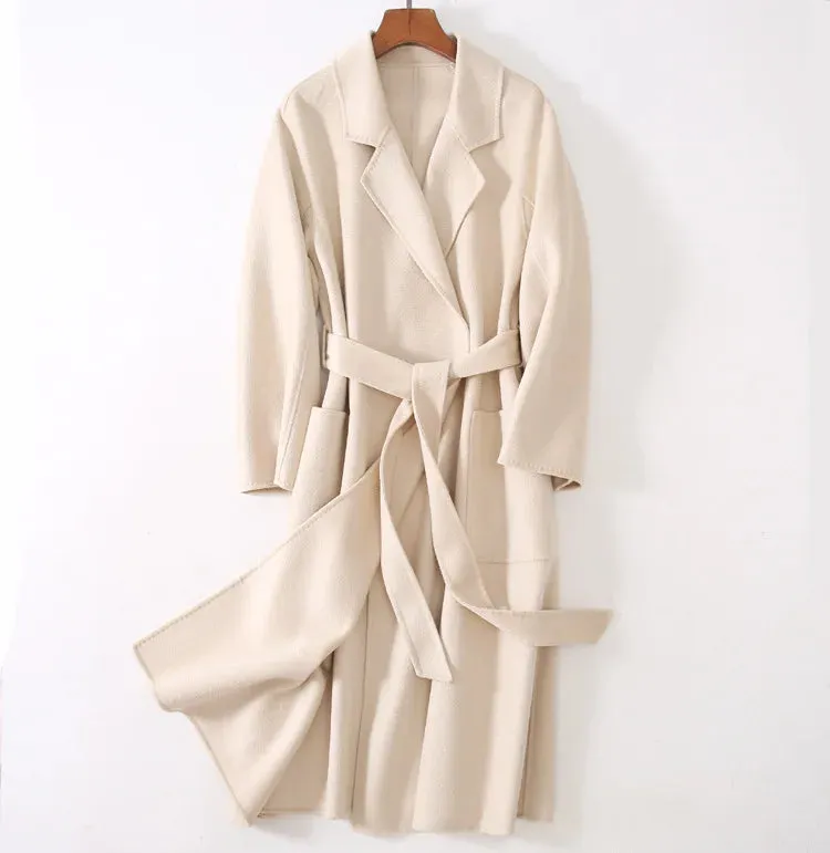 Double-Sided Cashmere Coat for Women – Long Wool Jacket with Water Ripple Design