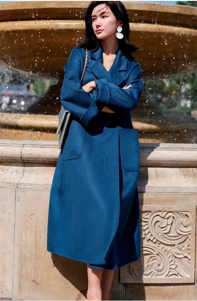 Double-Sided Cashmere Coat for Women – Long Wool Jacket with Water Ripple Design