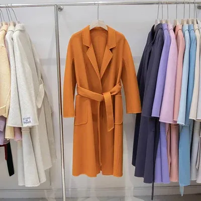 Double-Sided Cashmere Coat for Women – Long Wool Jacket with Water Ripple Design