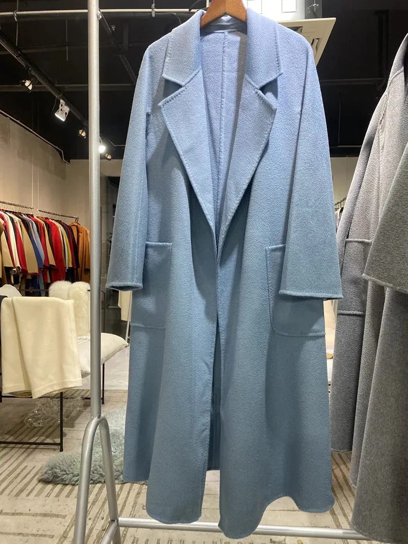 Double-Sided Cashmere Coat for Women – Long Wool Jacket with Water Ripple Design