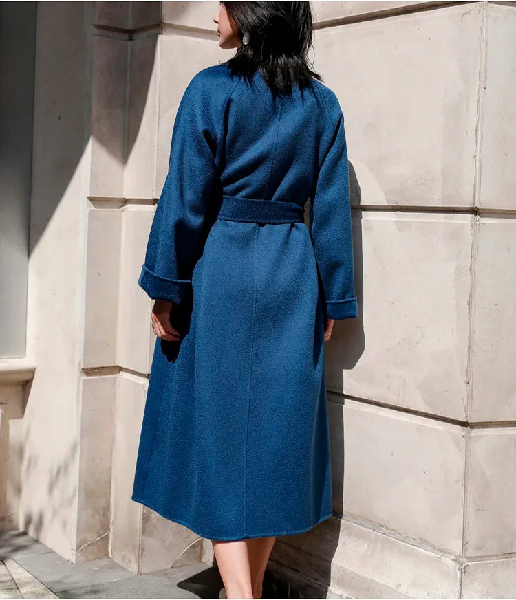Double-Sided Cashmere Coat for Women – Long Wool Jacket with Water Ripple Design