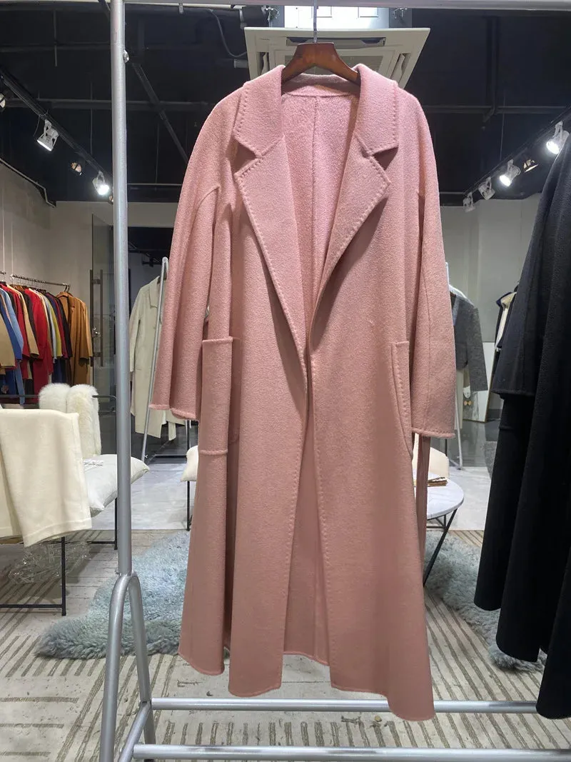 Double-Sided Cashmere Coat for Women – Long Wool Jacket with Water Ripple Design
