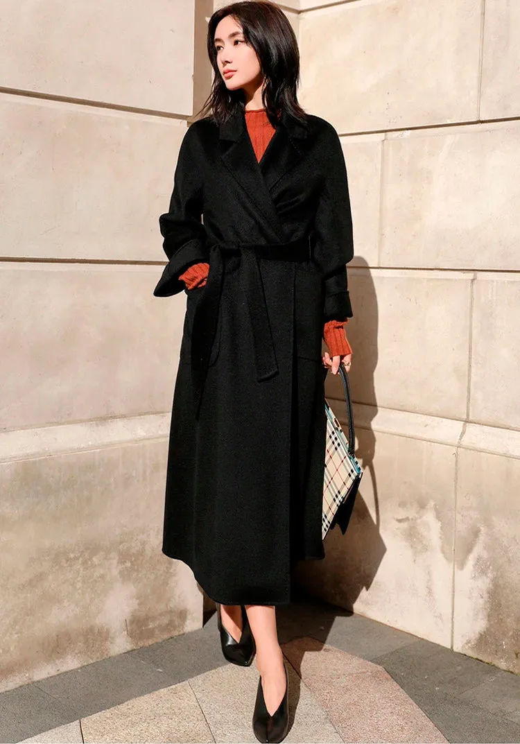 Double-Sided Cashmere Coat for Women – Long Wool Jacket with Water Ripple Design