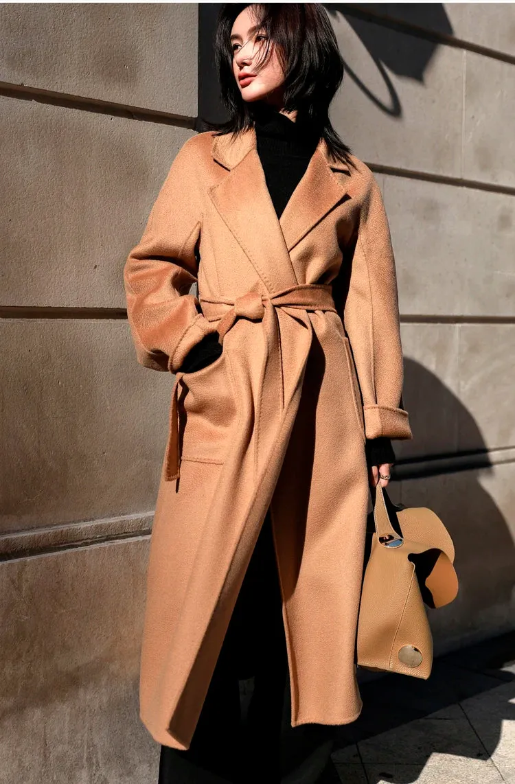 Double-Sided Cashmere Coat for Women – Long Wool Jacket with Water Ripple Design