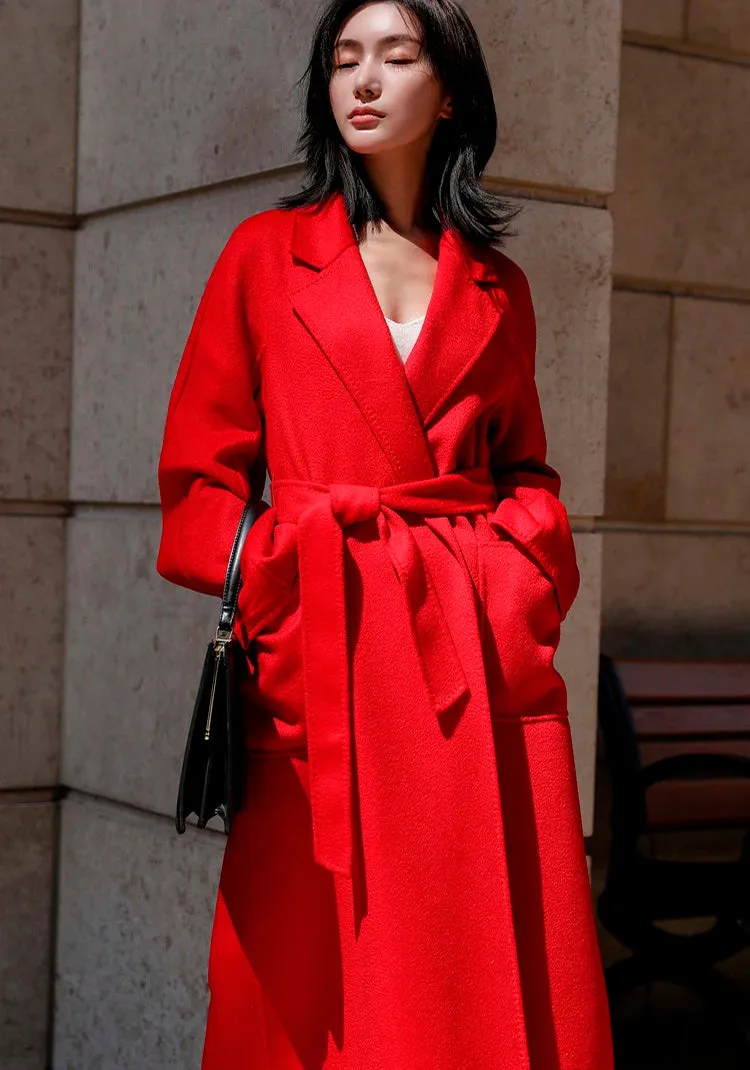 Double-Sided Cashmere Coat for Women – Long Wool Jacket with Water Ripple Design