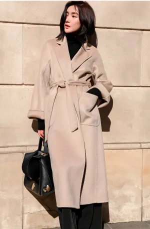Double-Sided Cashmere Coat for Women – Long Wool Jacket with Water Ripple Design