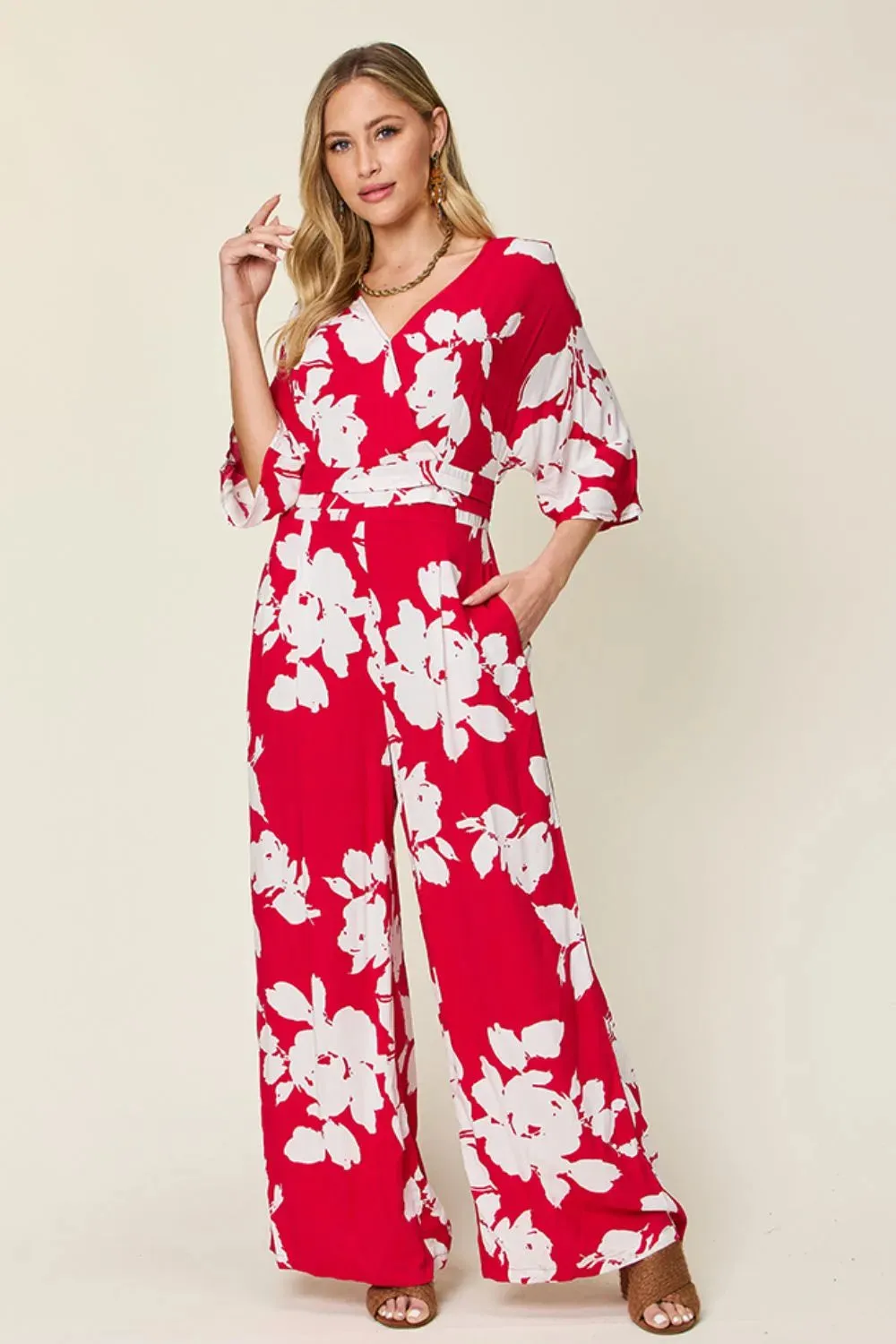 Double Take Full Size Printed Tie Back Wide Leg Jumpsuit