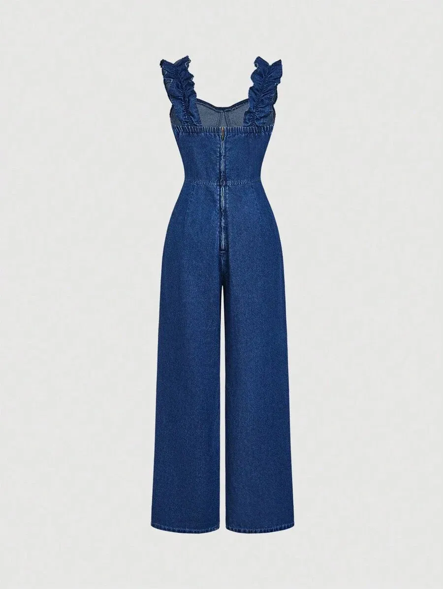 Elegant Denim Shirt – High Waist Frill & Ruffle – Vintage Blue