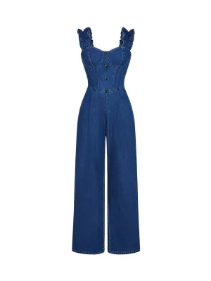 Elegant Denim Shirt – High Waist Frill & Ruffle – Vintage Blue