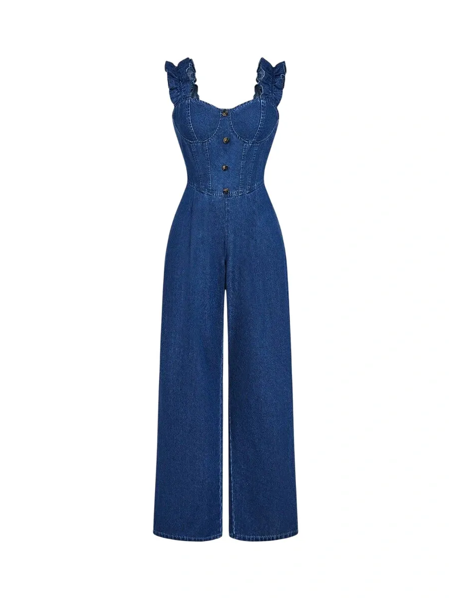 Elegant Denim Shirt – High Waist Frill & Ruffle – Vintage Blue