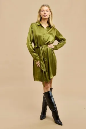 Ellison Olive Satin Shirt Mini Dress