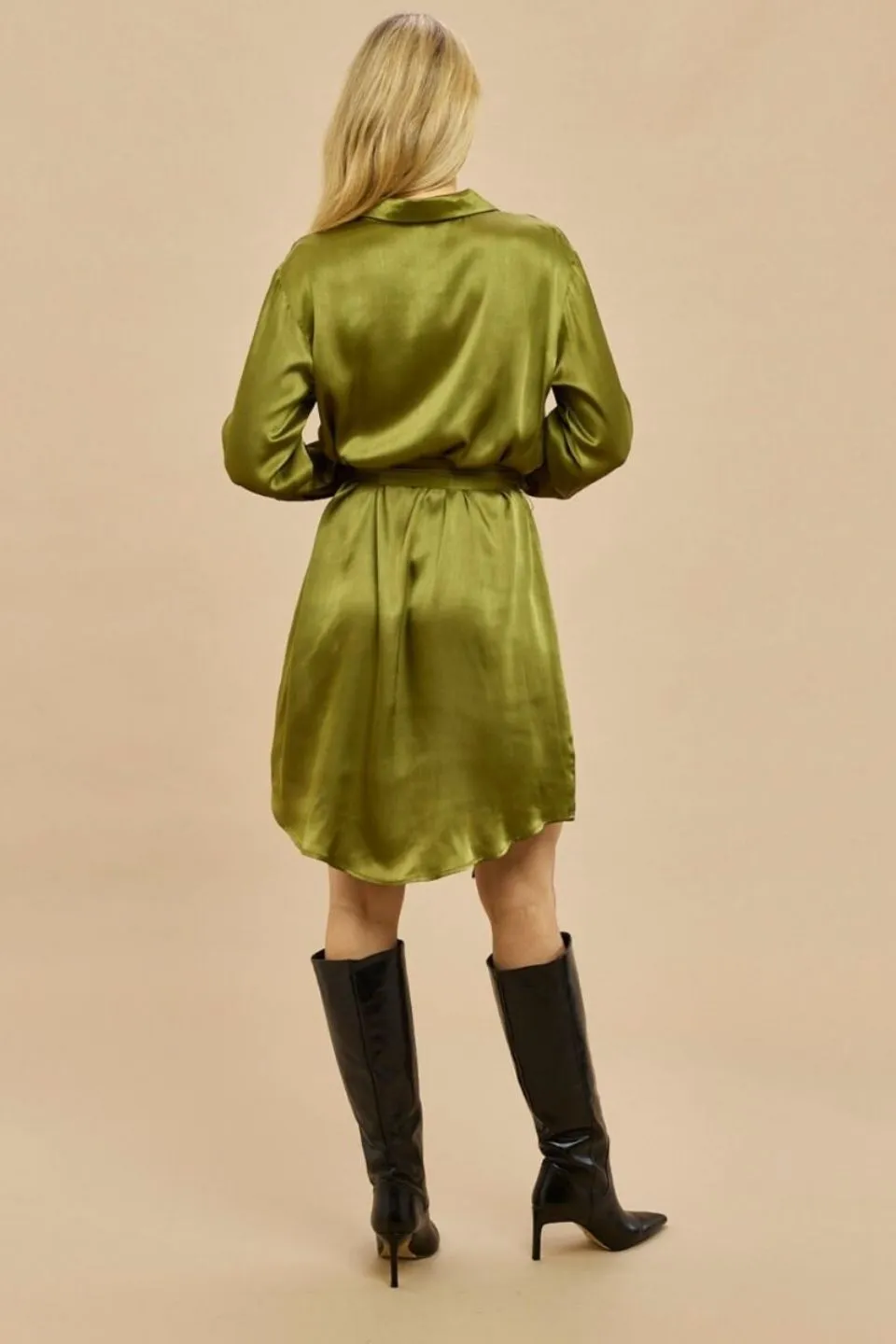Ellison Olive Satin Shirt Mini Dress