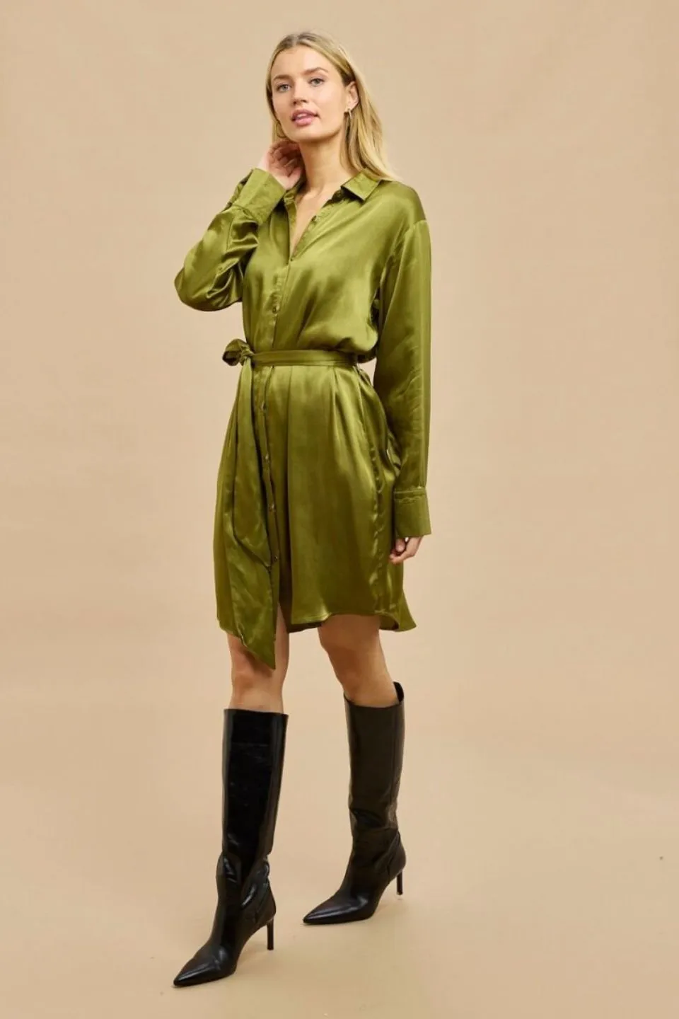 Ellison Olive Satin Shirt Mini Dress