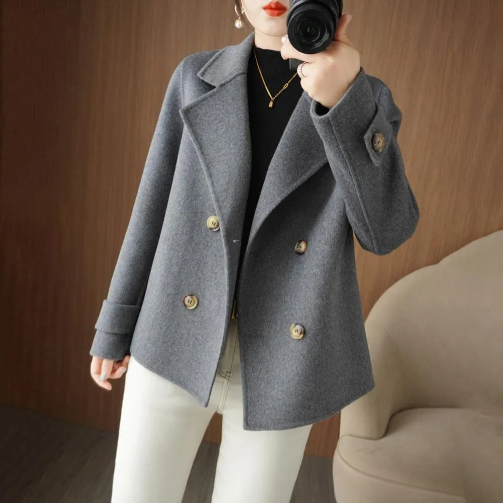 Fall Winter Women Woolen Coat Double-breasted Lapel Long Sleeve Loose Thickened Warm Formal Business Style OL Commute Jacket