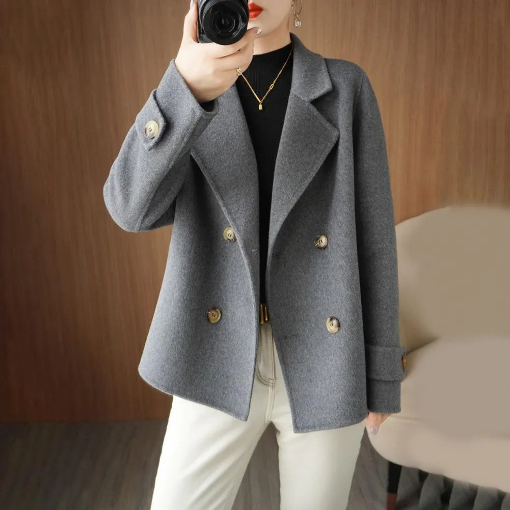 Fall Winter Women Woolen Coat Double-breasted Lapel Long Sleeve Loose Thickened Warm Formal Business Style OL Commute Jacket
