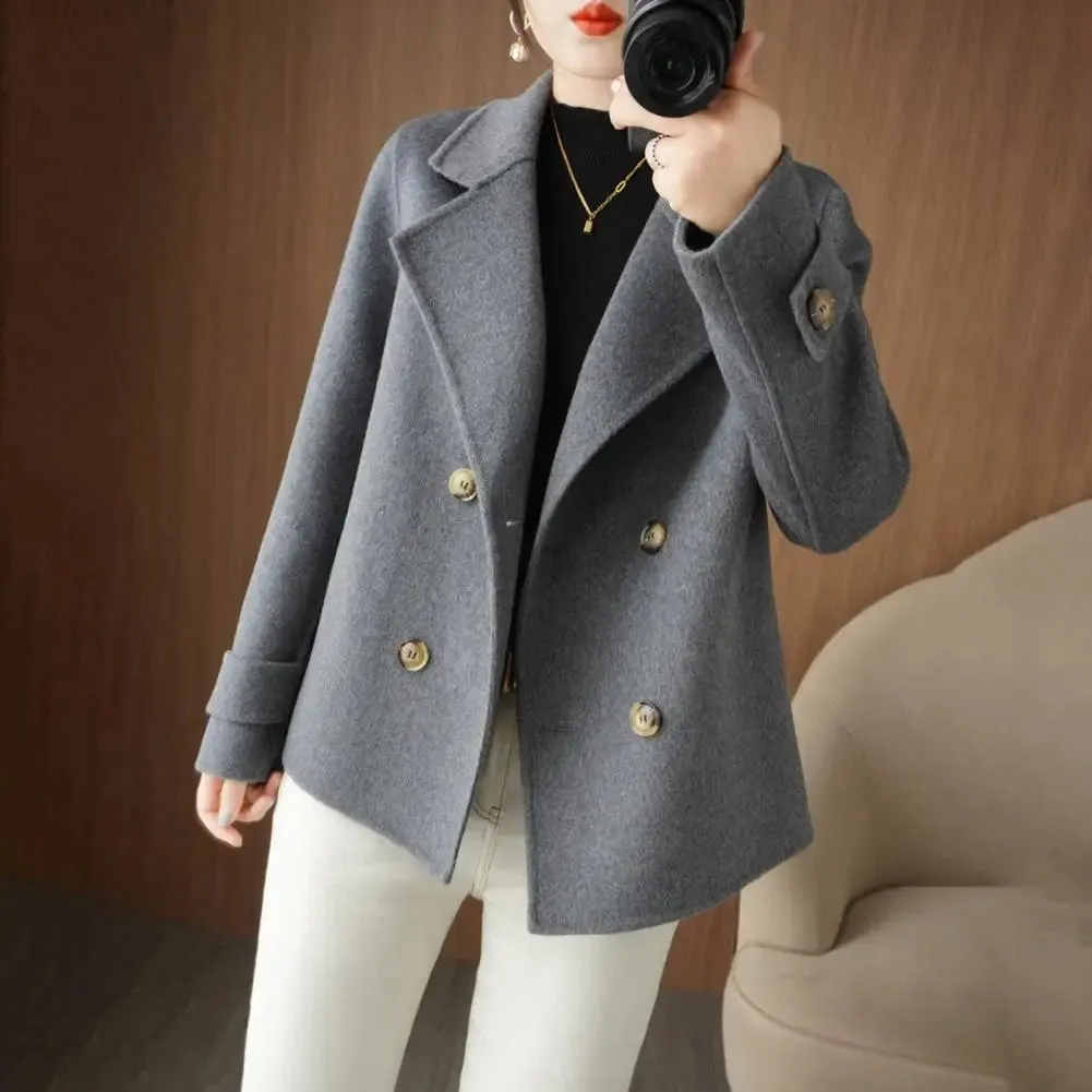 Fall Winter Women Woolen Coat Double-breasted Lapel Long Sleeve Loose Thickened Warm Formal Business Style OL Commute Jacket