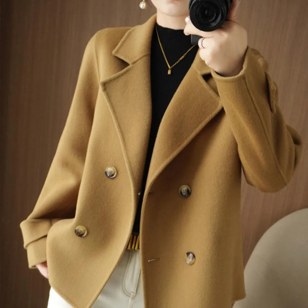 Fall Winter Women Woolen Coat Double-breasted Lapel Long Sleeve Loose Thickened Warm Formal Business Style OL Commute Jacket
