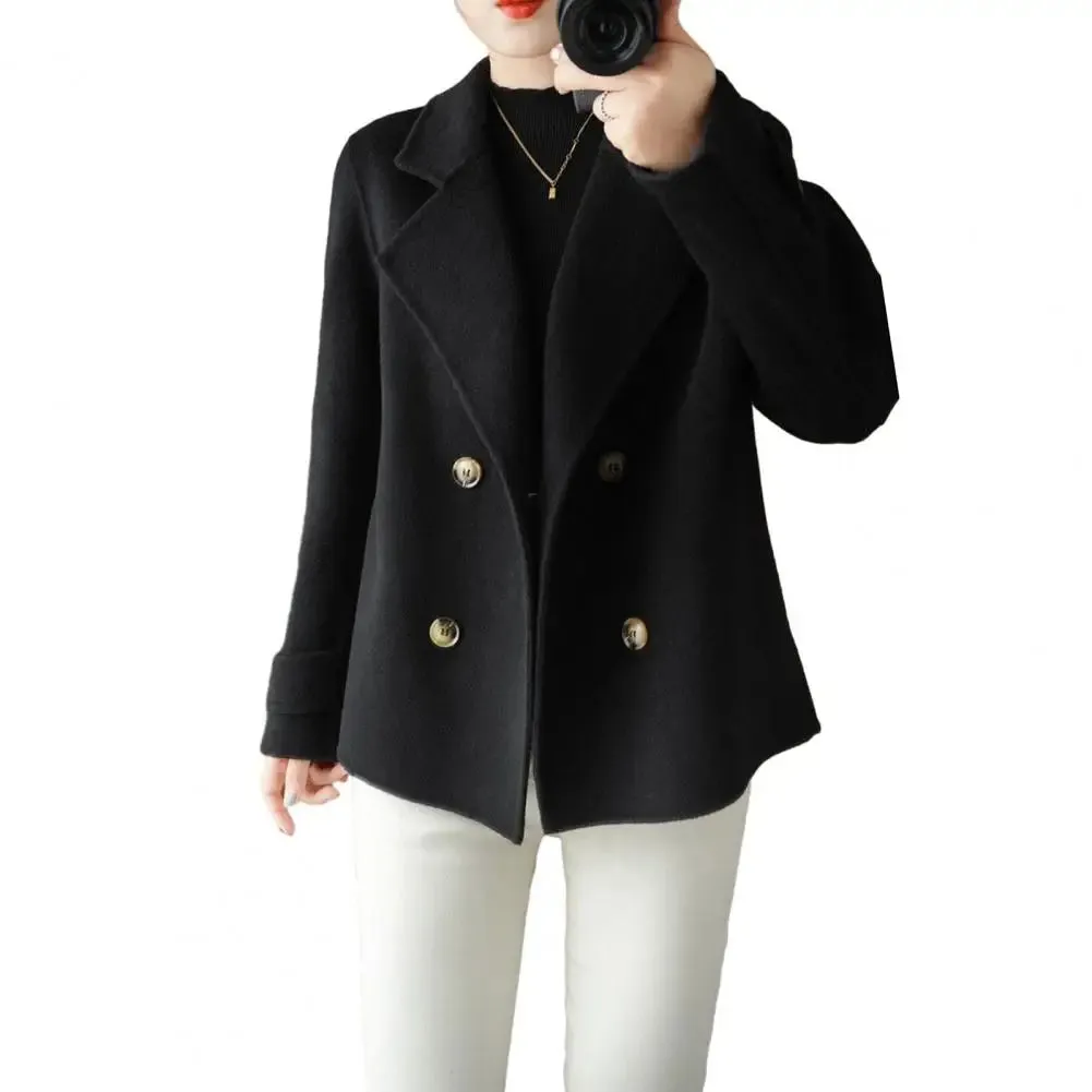 Fall Winter Women Woolen Coat Double-breasted Lapel Long Sleeve Loose Thickened Warm Formal Business Style OL Commute Jacket