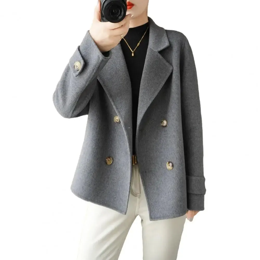 Fall Winter Women Woolen Coat Double-breasted Lapel Long Sleeve Loose Thickened Warm Formal Business Style OL Commute Jacket