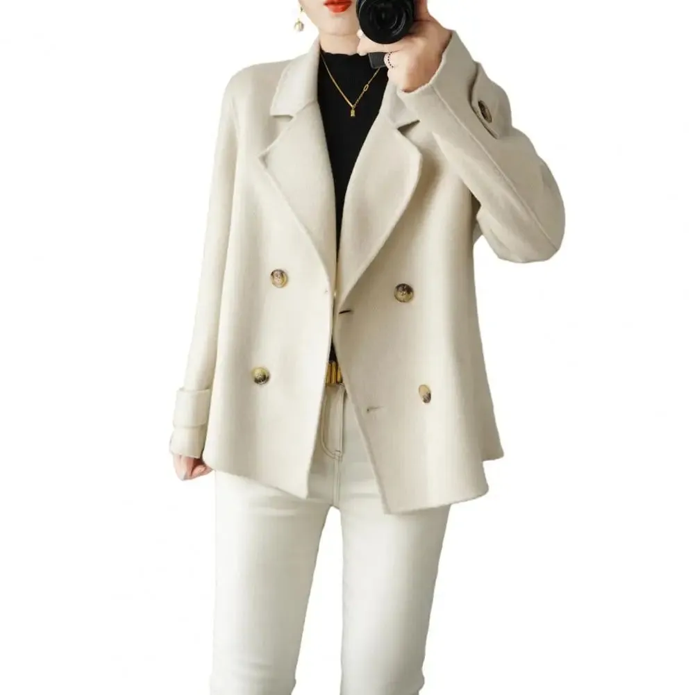Fall Winter Women Woolen Coat Double-breasted Lapel Long Sleeve Loose Thickened Warm Formal Business Style OL Commute Jacket