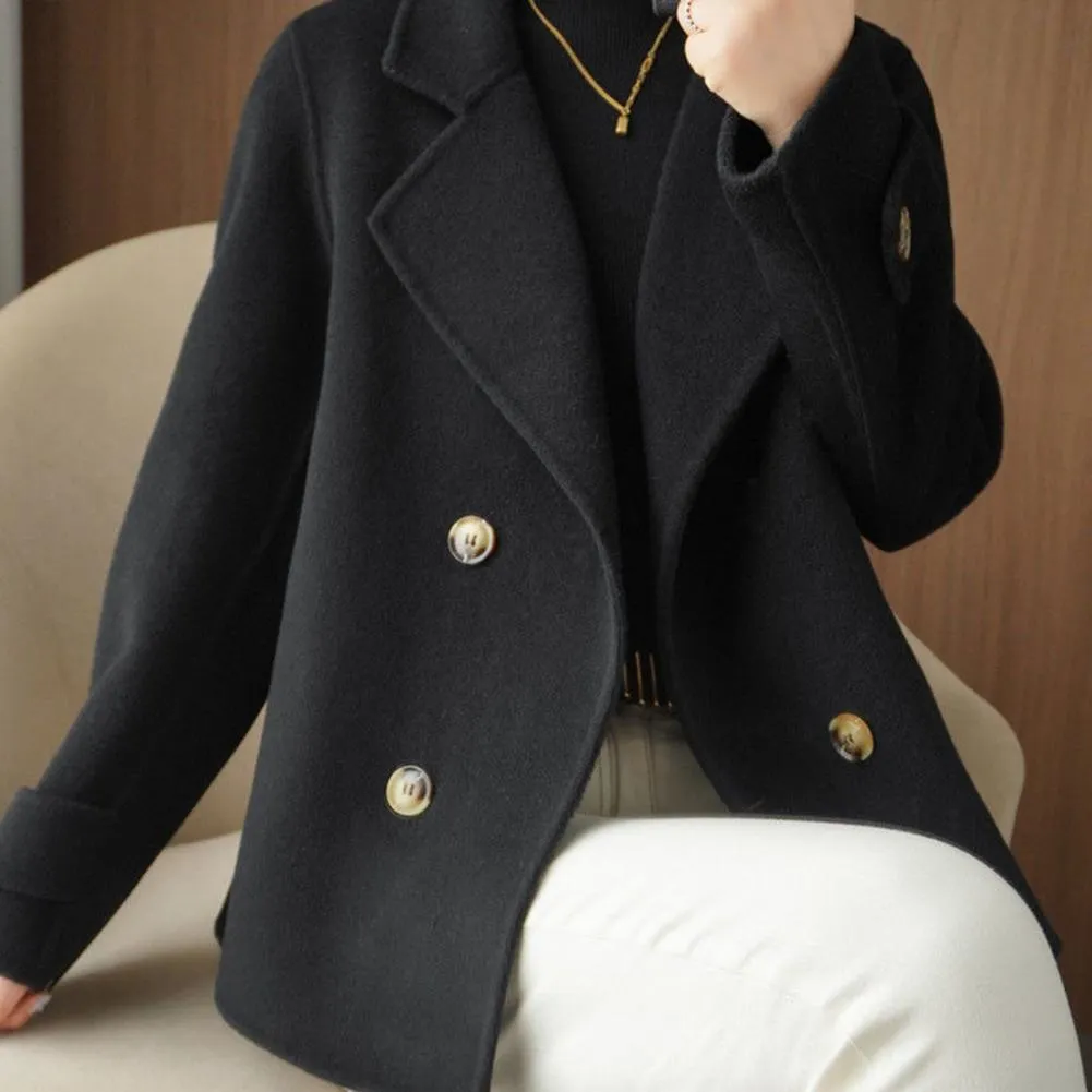 Fall Winter Women Woolen Coat Double-breasted Lapel Long Sleeve Loose Thickened Warm Formal Business Style OL Commute Jacket
