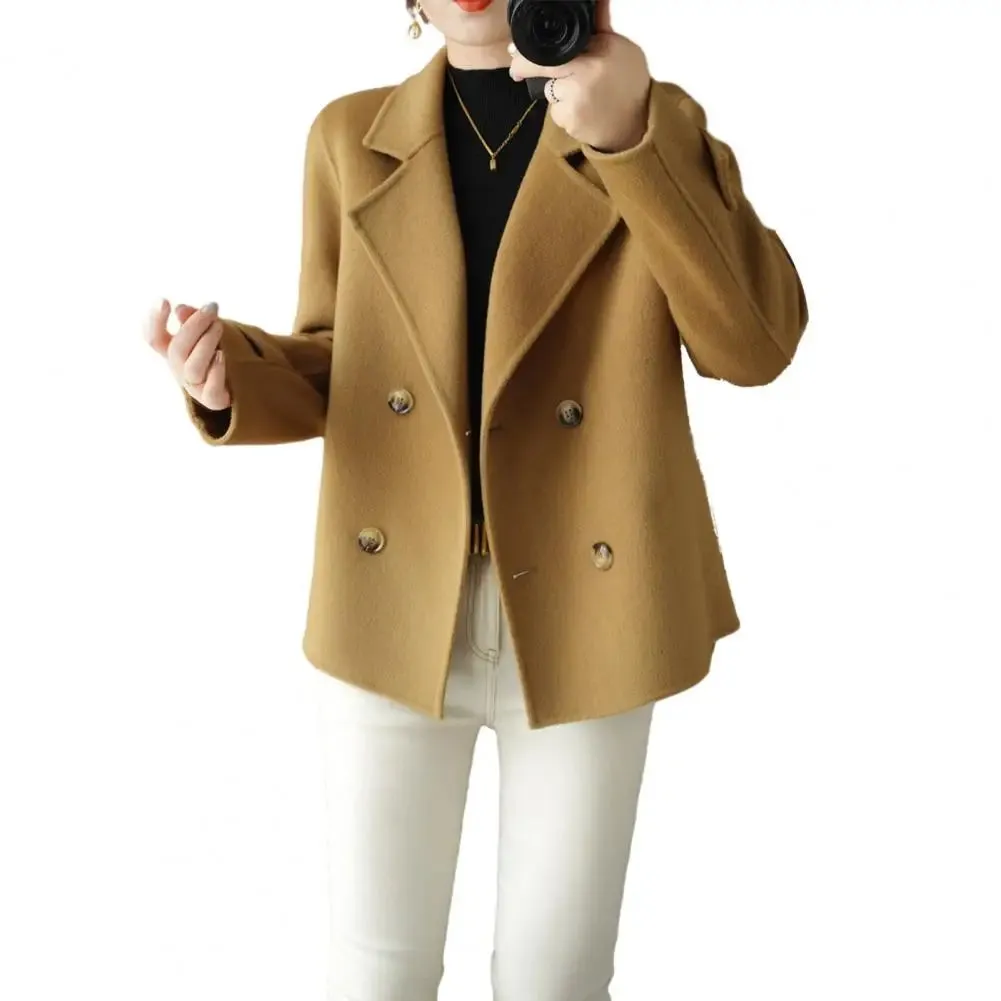 Fall Winter Women Woolen Coat Double-breasted Lapel Long Sleeve Loose Thickened Warm Formal Business Style OL Commute Jacket