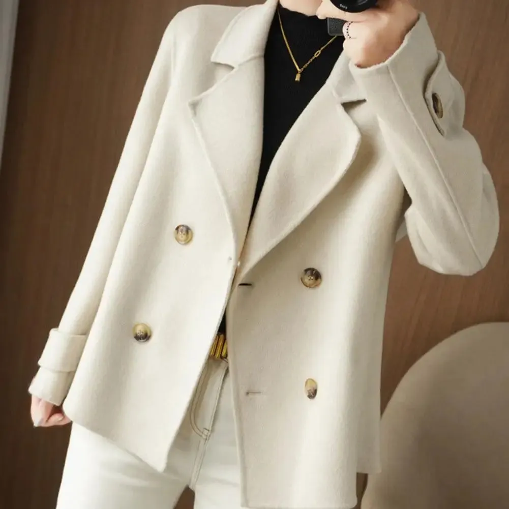 Fall Winter Women Woolen Coat Double-breasted Lapel Long Sleeve Loose Thickened Warm Formal Business Style OL Commute Jacket