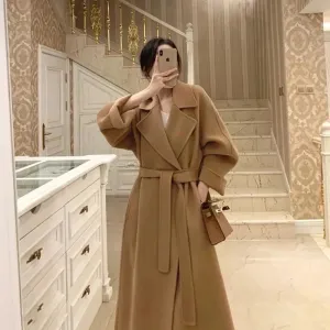Fashion 100% Wool Coat – Black Oversized Lapel Coat with Belt for Women