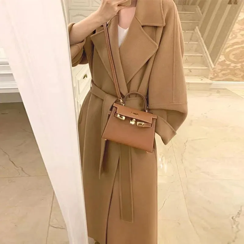 Fashion 100% Wool Coat – Black Oversized Lapel Coat with Belt for Women