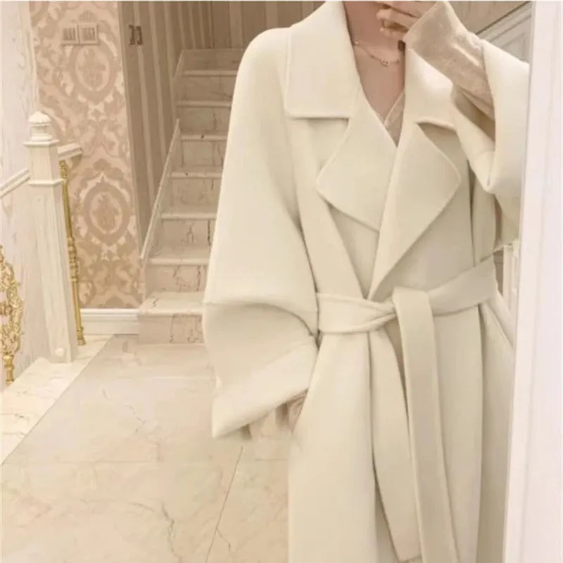 Fashion 100% Wool Coat – Black Oversized Lapel Coat with Belt for Women